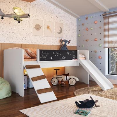 Cama Infantil Playground Menino Menina 195cm Com Escorregador, Rampa E Lousa Branca