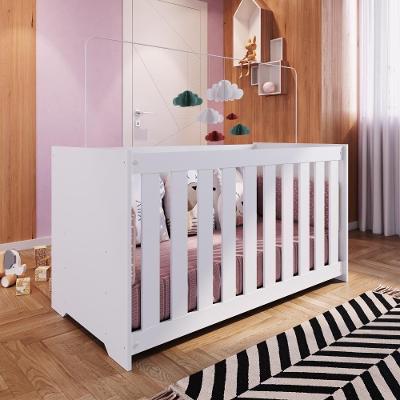 Berço Infantil Simples 133cm Com Colchão, Regulagem De Altura E Grade Mdf Branco