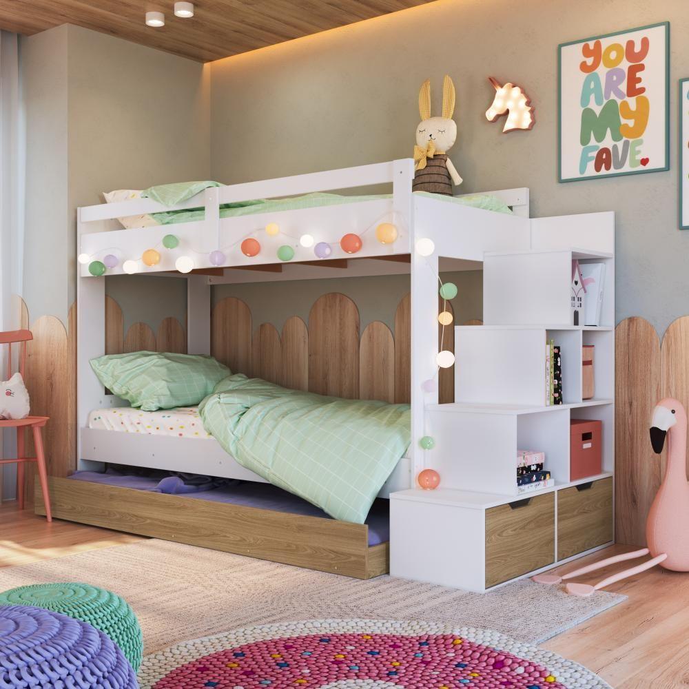 Cama Treliche Infantil Bicama Menino Menina 2,32m Com Escada, Nichos E Gavetas Branco Com Aveiro - 1