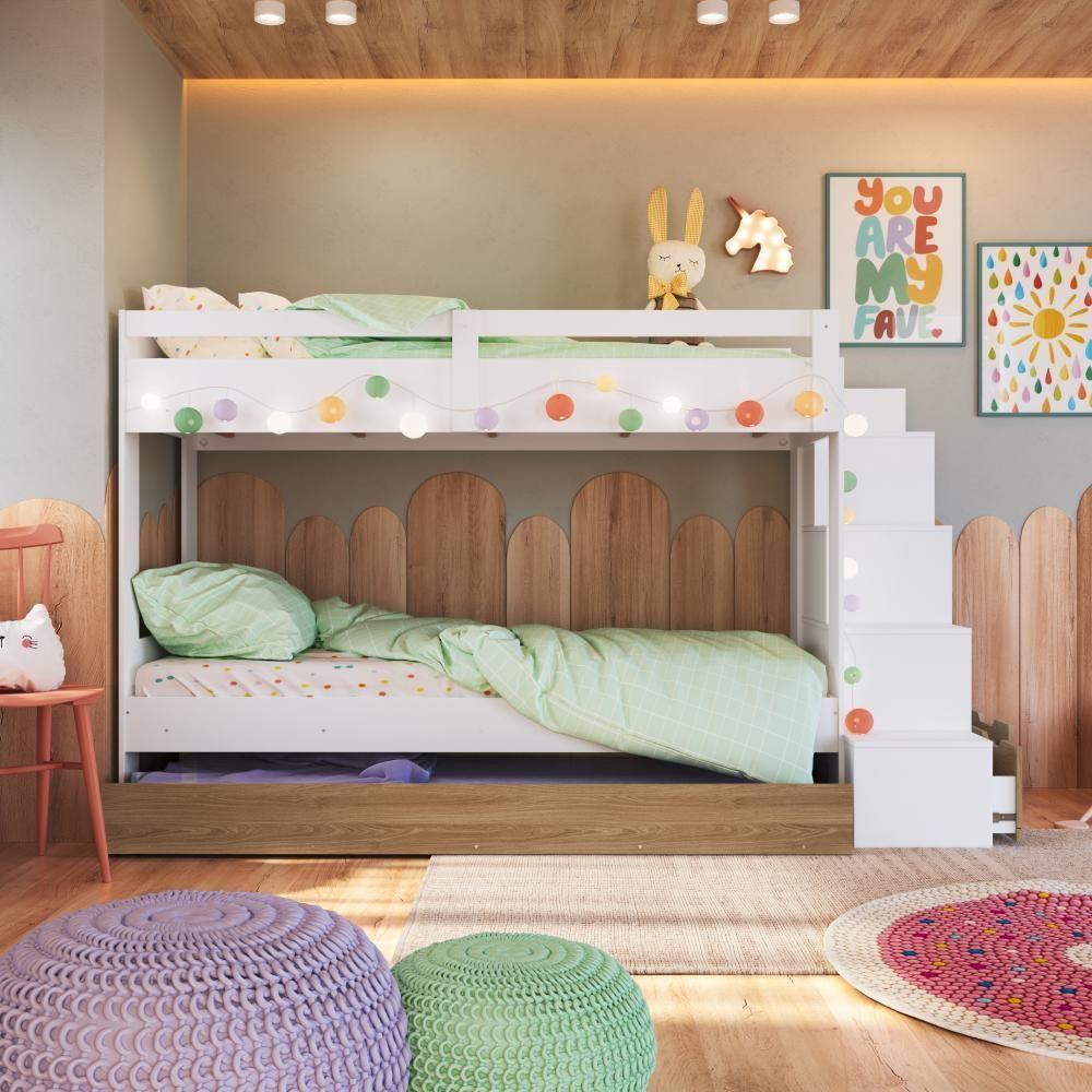 Cama Treliche Infantil Bicama Menino Menina 2,32m Com Escada, Nichos E Gavetas Branco Com Aveiro - 2