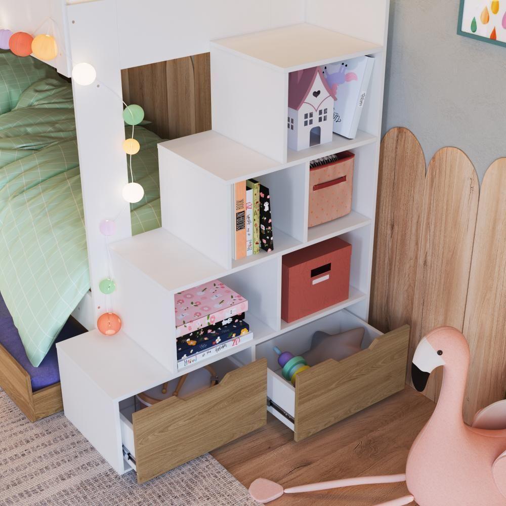 Cama Treliche Infantil Bicama Menino Menina 2,32m Com Escada, Nichos E Gavetas Branco Com Aveiro - 3