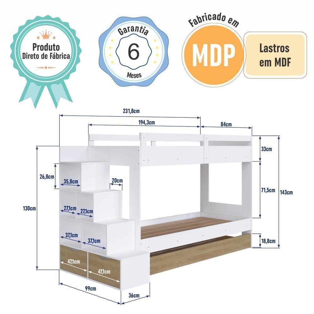 Cama Treliche Infantil Bicama Menino Menina 2,32m Com Escada, Nichos E Gavetas Branco Com Aveiro - 7