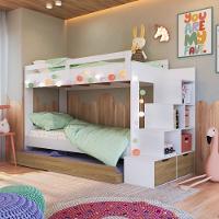 Cama Treliche Infantil Bicama Menino Menina 2,32m Com Escada, Nichos E Gavetas Branco Com Aveiro - 1