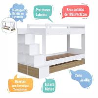 Cama Treliche Infantil Bicama Menino Menina 2,32m Com Escada, Nichos E Gavetas Branco Com Aveiro