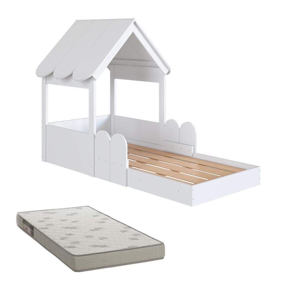 Cama Infantil Montessoriana Casinha Com Colchão E Telhado Em Mdp Branco - 1