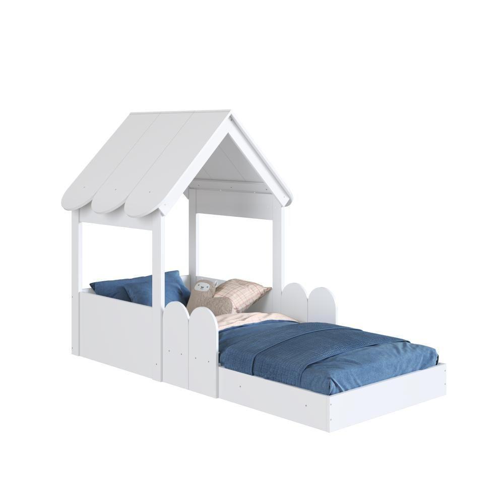 Cama Infantil Montessoriana Casinha Com Colchão E Telhado Em Mdp Branco - 3