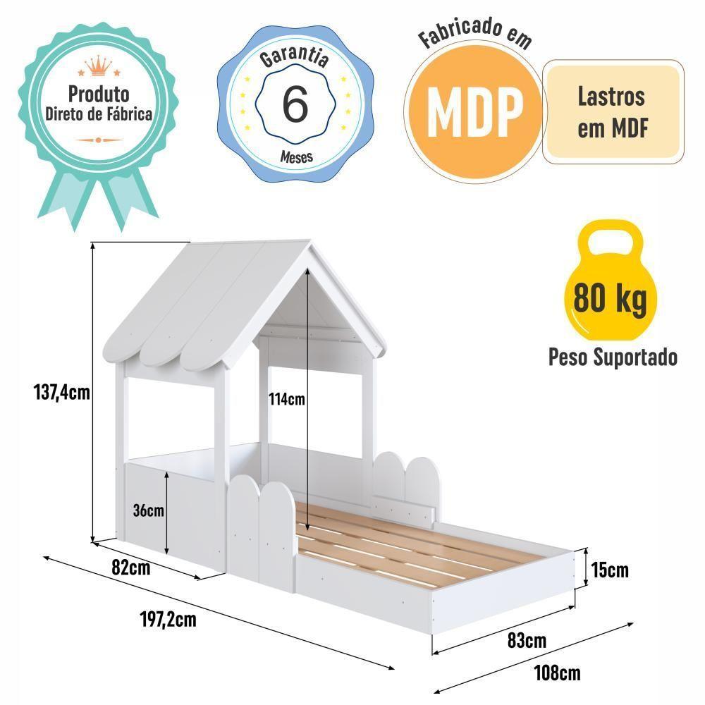 Cama Infantil Montessoriana Casinha Com Colchão E Telhado Em Mdp Branco - 7