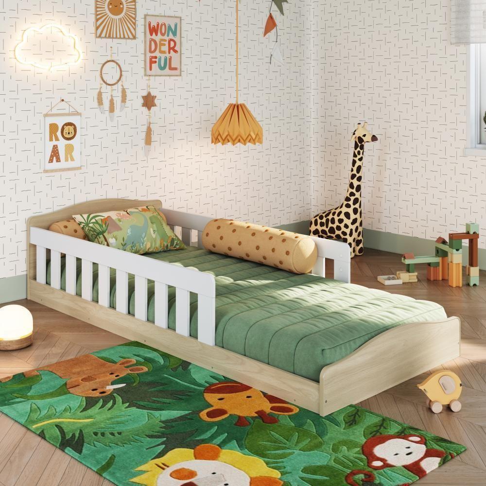 Cama Infantil De Chão Montessoriana De Solteiro Menino Menina Com Grade Proteção Carvalho Araguaia - 1