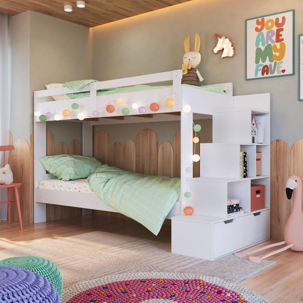 Cama Beliche Infantil Bicama Menino Menina 2,32m Com Escada, Nichos E Gavetas Branca - 1
