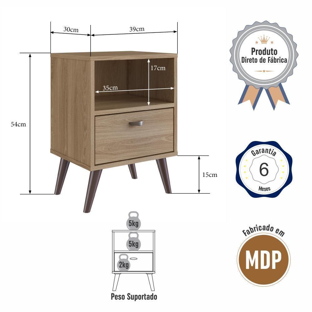 Kit 02 Mesa De Cabeceira Nicho 39cm Com Gaveta E Pés Palito Retrô Oak - 5