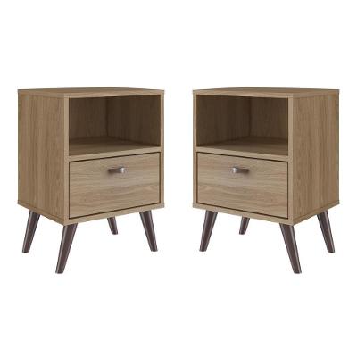 Kit 02 Mesa De Cabeceira Nicho 39cm Com Gaveta E Pés Palito Retrô Oak