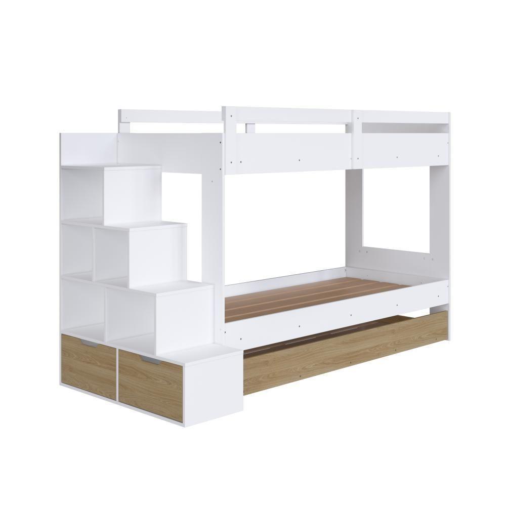 Cama Treliche Infantil Bicama Menino Menina 2,32m Com Escada, Nichos E Gavetas Branco Com Aveiro Oak - 10