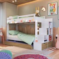 Cama Treliche Infantil Bicama Menino Menina 2,32m Com Escada, Nichos E Gavetas Branco Com Aveiro Oak - 1