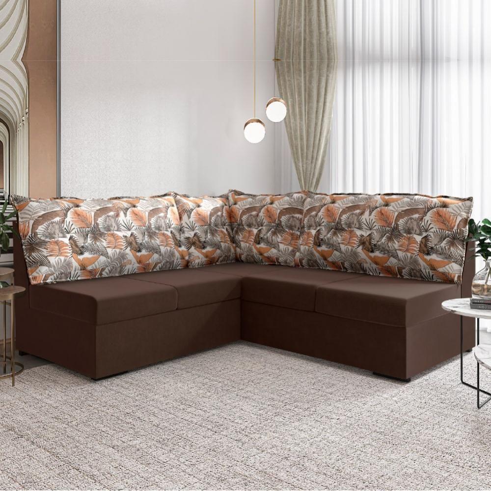 Sofá De Canto 5 Lugares Suede Marrom/Palmeira - 1