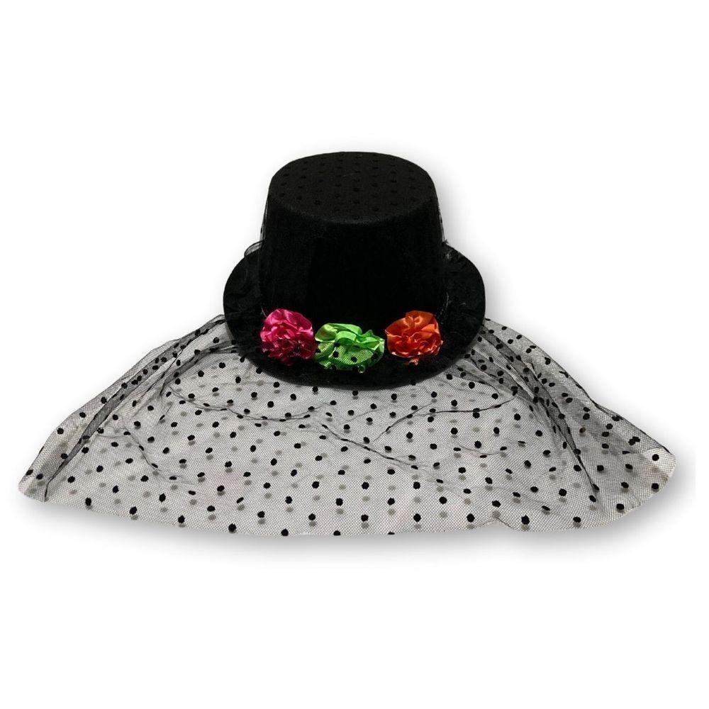 Cartola Preta Com Véu Caveira E Flores Para Fantasias - 1