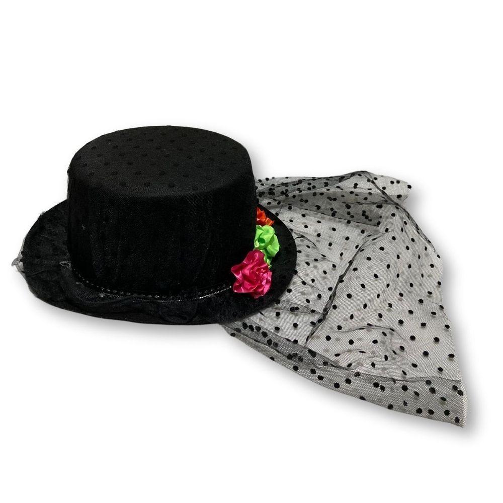 Cartola Preta Com Véu Caveira E Flores Para Fantasias - 2