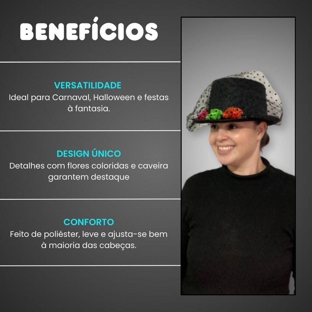 Cartola Preta Com Véu Caveira E Flores Para Fantasias - 5