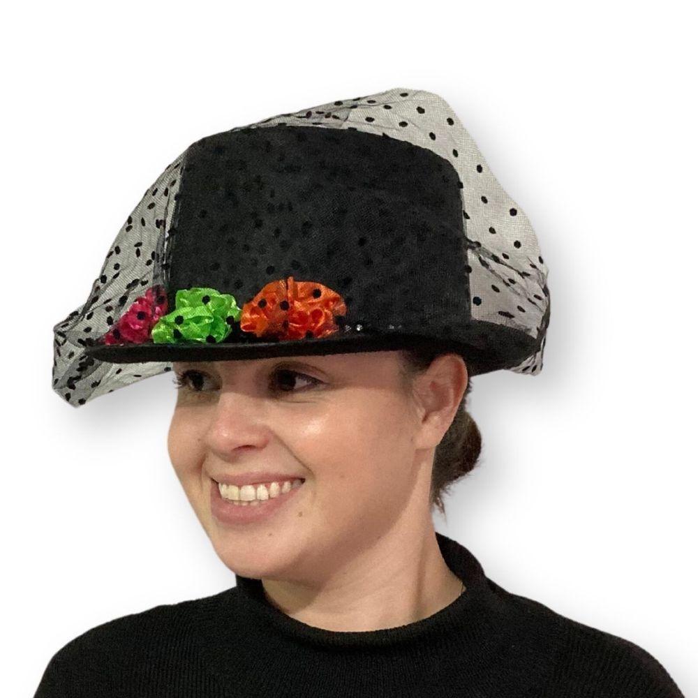 Cartola Preta Com Véu Caveira E Flores Para Fantasias - 6