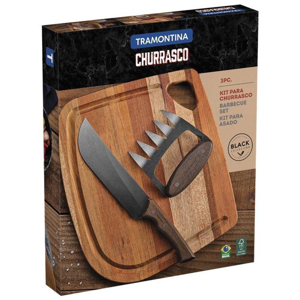 Jogo Para Churrasco Tramontina Churrasco Black Aço Inox Escurecido Com Cabos De Madeira E Tábua 3 Peças - 4