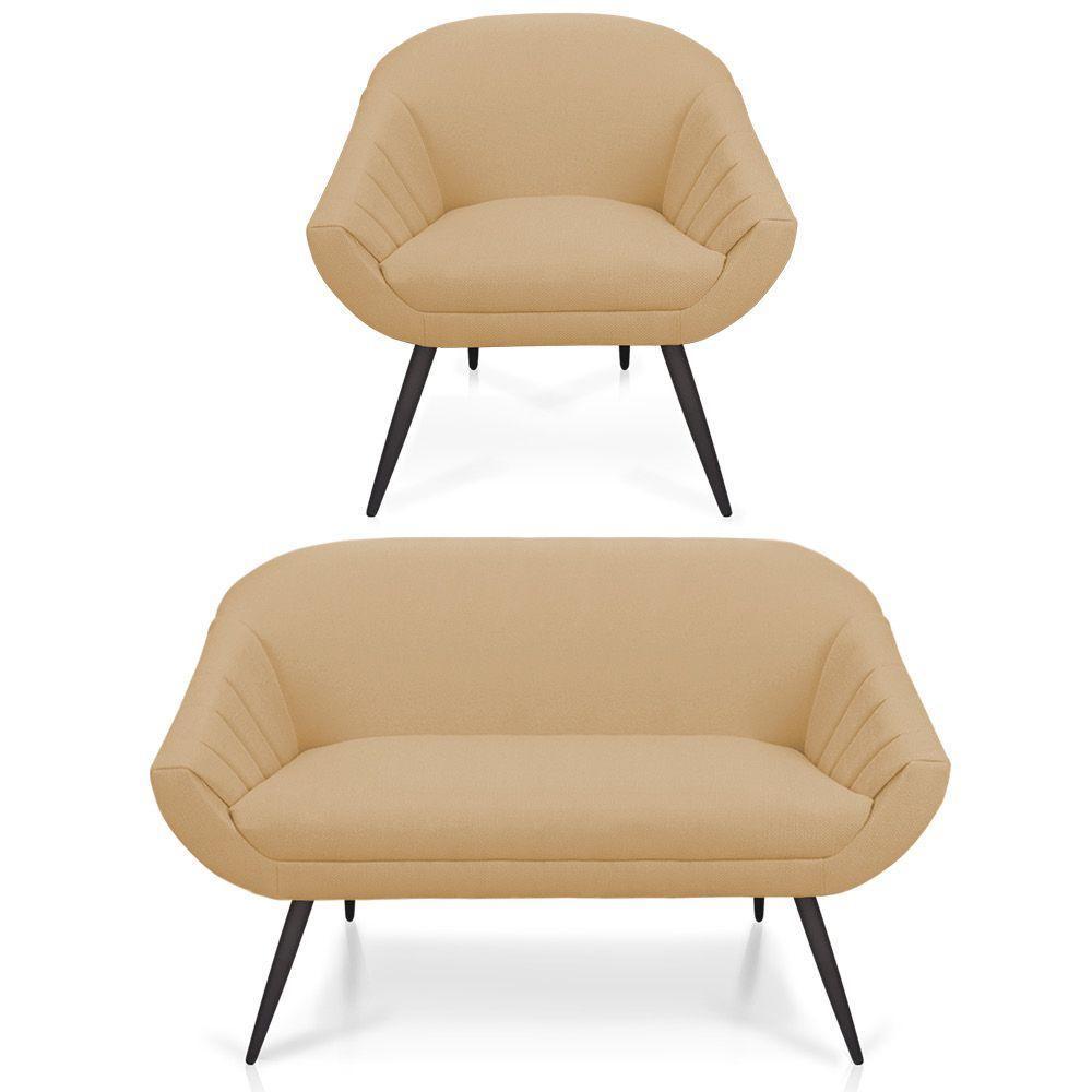 Kit 01 Namoradeira 02 Lugares E 01 Poltrona Giovana Linho Areia A27 Pés Palito De Ferro - 1