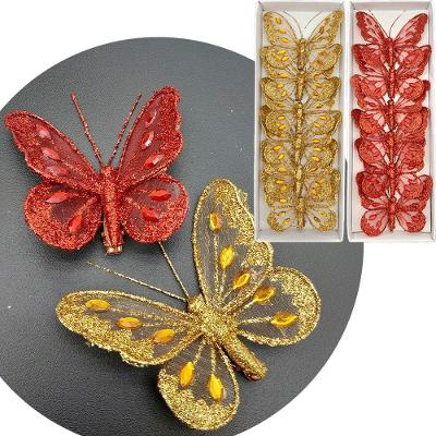 Presilhas Enfeite Natal Borboletas Gold E Vermelho 8cm 12pçs