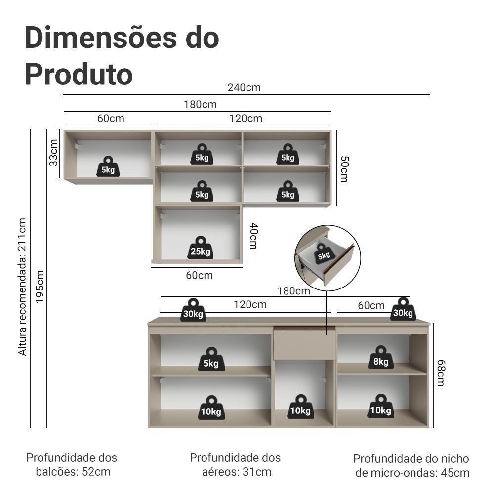 Armário De Cozinha Completa 240 Cm Suspensa Crema Nice Madesa 07 - 3