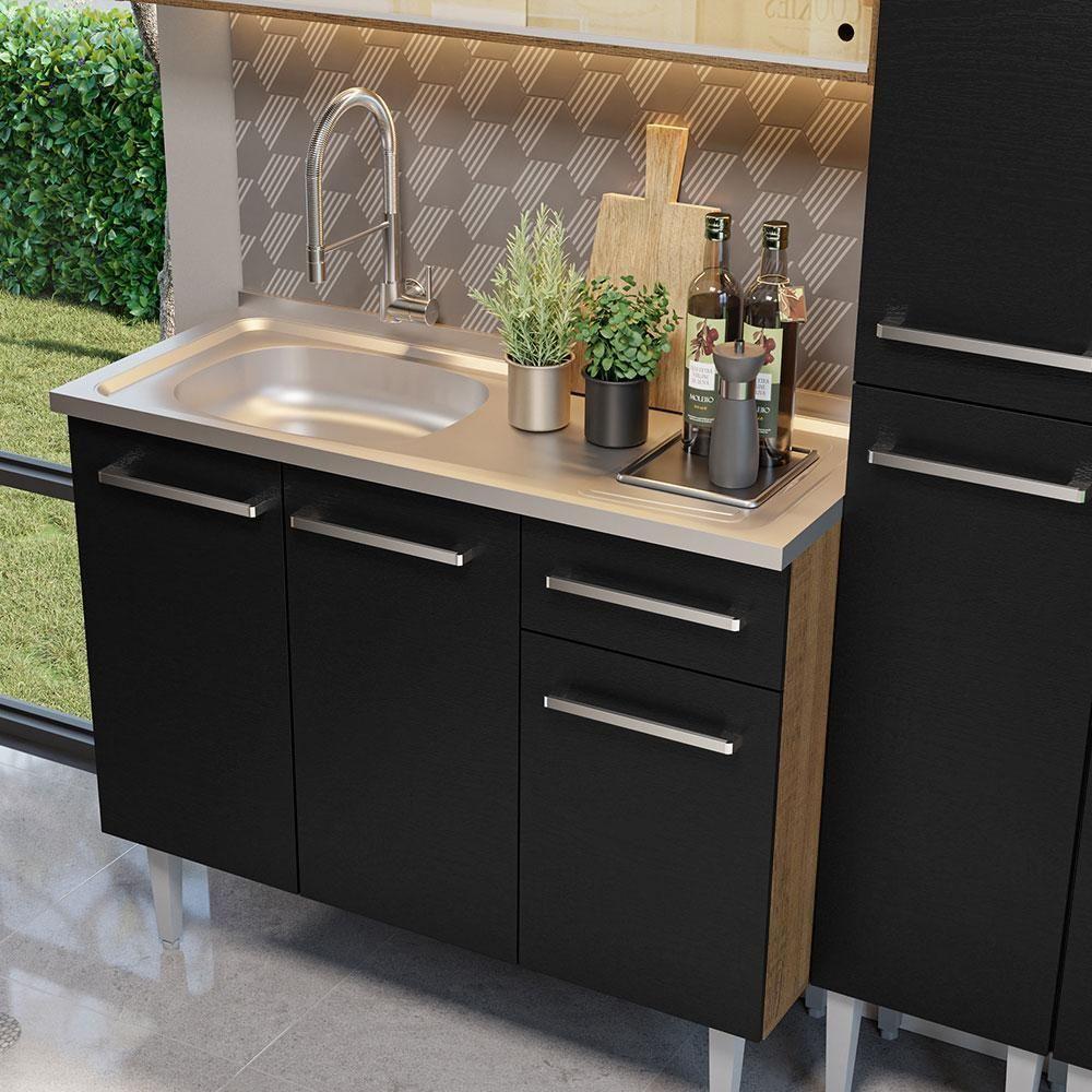 Armário De Cozinha Compacta 169cm Com Pia Rustic/preto Emilly Madesa 12 Rustic/preto Rustic/preto - 6