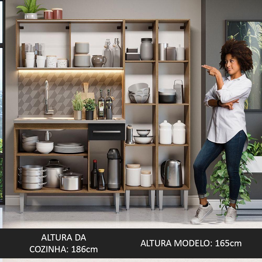 Armário De Cozinha Compacta 169cm Com Pia Rustic/preto Emilly Madesa 12 Rustic/preto Rustic/preto - 7