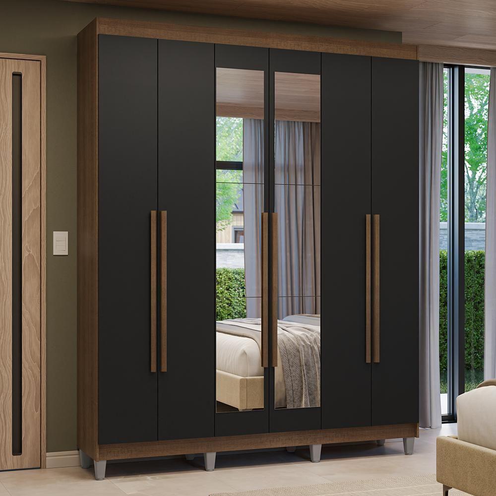 Guarda-roupa Casal Com Pés 6 Portas Batentes Com Espelho Rustic-preto-rustic Venus Madesa - 1