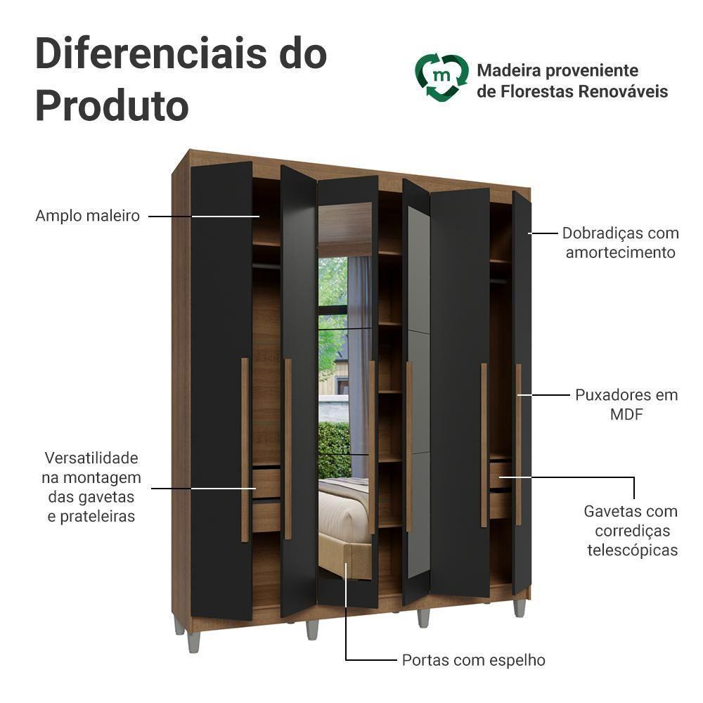 Guarda-roupa Casal Com Pés 6 Portas Batentes Com Espelho Rustic-preto-rustic Venus Madesa - 4