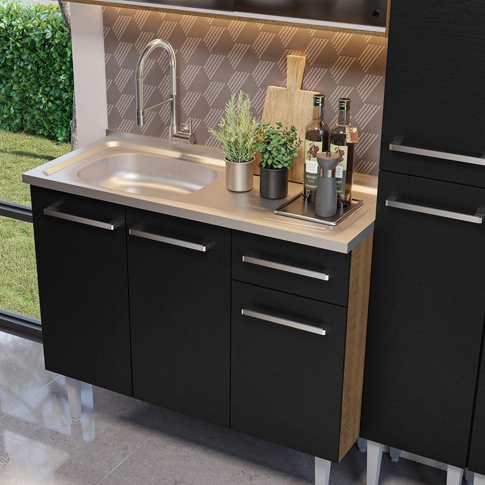 Armário De Cozinha Compacta 169cm Com Pia Rustic/preto Emilly Madesa 11 Rustic/preto Rustic/preto - 2