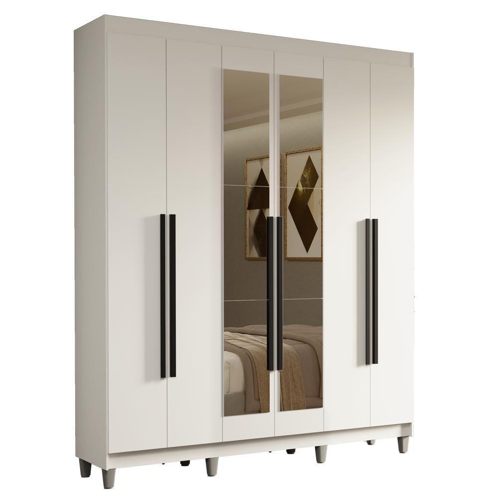 Guarda-roupa Casal Com Pés 6 Portas Batentes Com Espelho Branco-branco-preto Saturno Madesa - 2