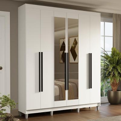 Guarda-roupa Casal Com Pés 6 Portas Batentes Com Espelho Branco-branco-preto Saturno Madesa