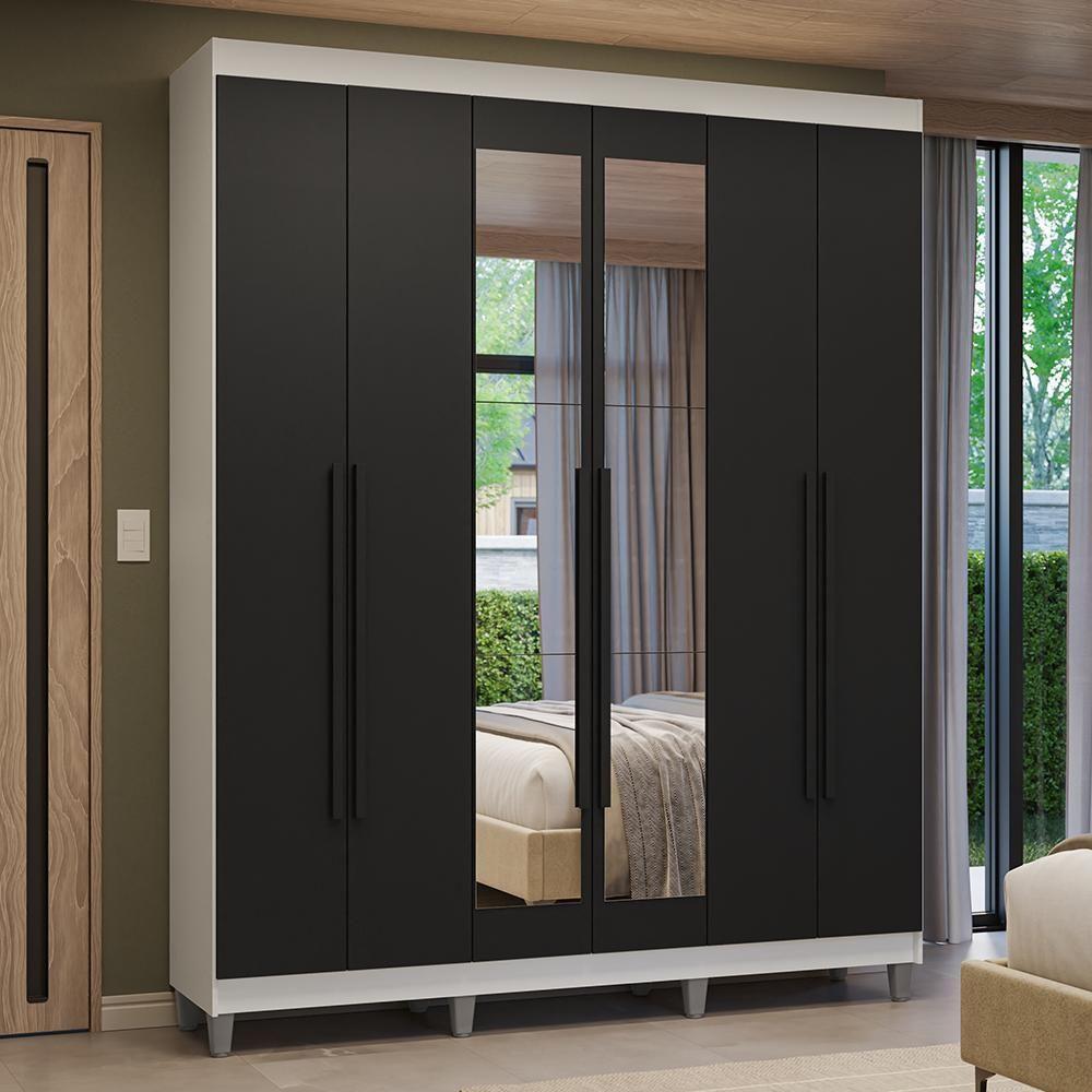 Guarda-roupa Casal Com Pés 6 Portas Batentes Com Espelho Branco-preto-preto Venus Madesa - 1