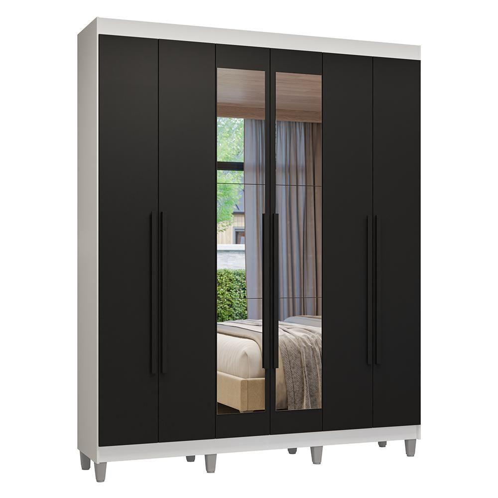 Guarda-roupa Casal Com Pés 6 Portas Batentes Com Espelho Branco-preto-preto Venus Madesa - 2
