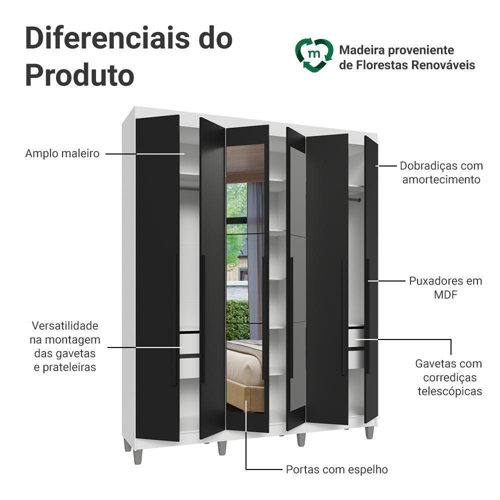 Guarda-roupa Casal Com Pés 6 Portas Batentes Com Espelho Branco-preto-preto Venus Madesa - 4