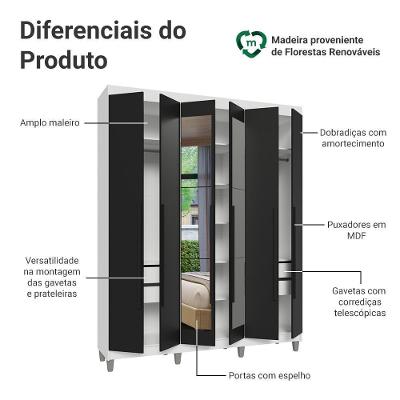 Guarda Roupa Casal Venus 6 Portas Batentes 4 Gavetas Branco-Preto-Preto Madesa