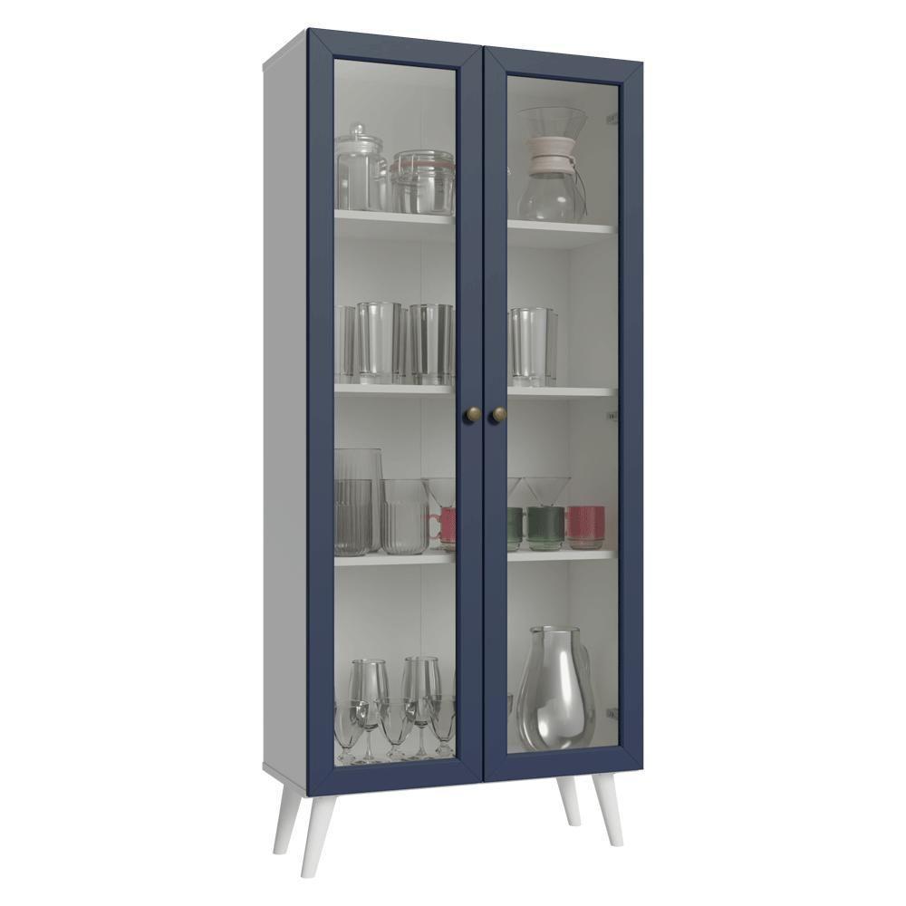 Cristaleira 70 Cm 2 Portas De Vidro Com Pés Cônicos Branco-azul-branco Vik Madesa - 2