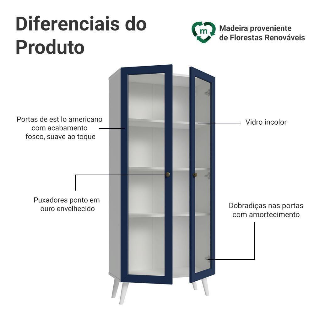 Cristaleira 70 Cm 2 Portas De Vidro Com Pés Cônicos Branco-azul-branco Vik Madesa - 4