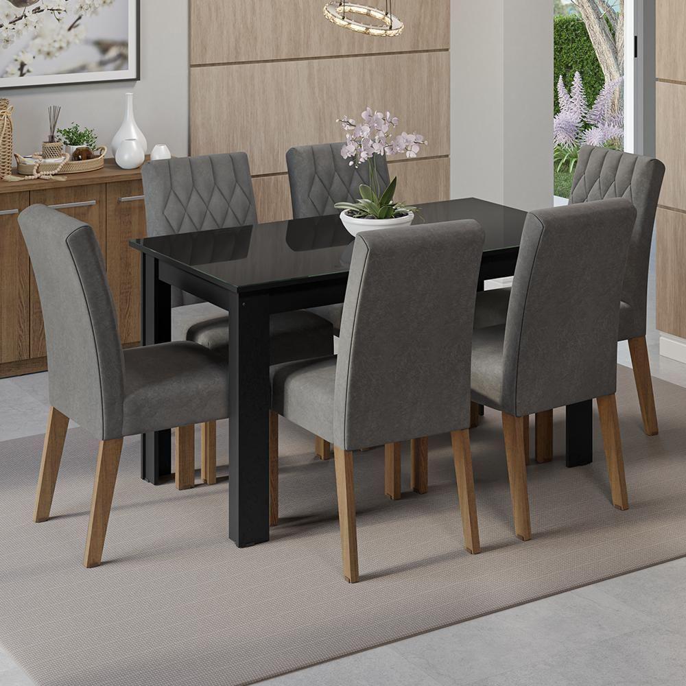 Conjunto Sala De Jantar Mesa Tampo De Vidro 6 Cadeiras Rustic/preto/silver Odara Madesa Rustic/preto/silver - 1