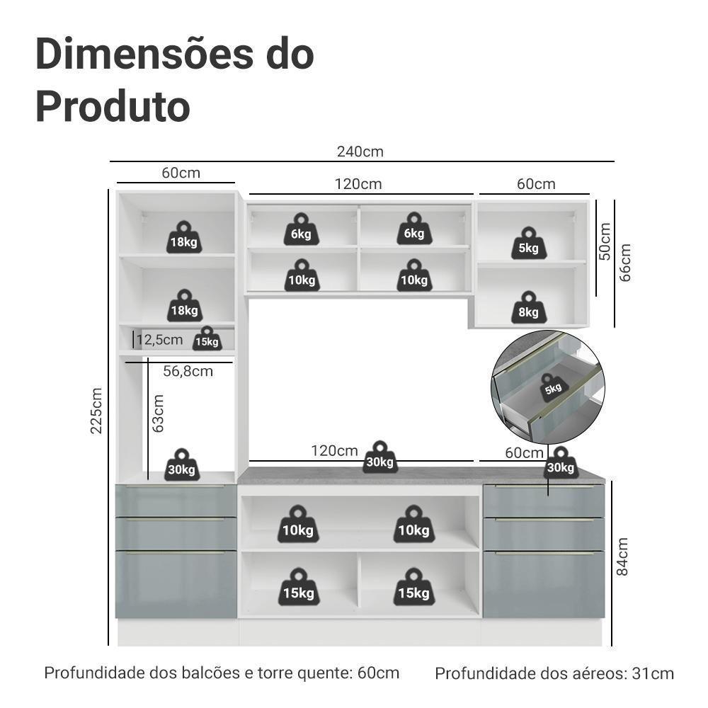 Armário De Cozinha Completa 240cm Branco/cinza Lux Madesa 08 Branco/cinza Branco/cinza - 5