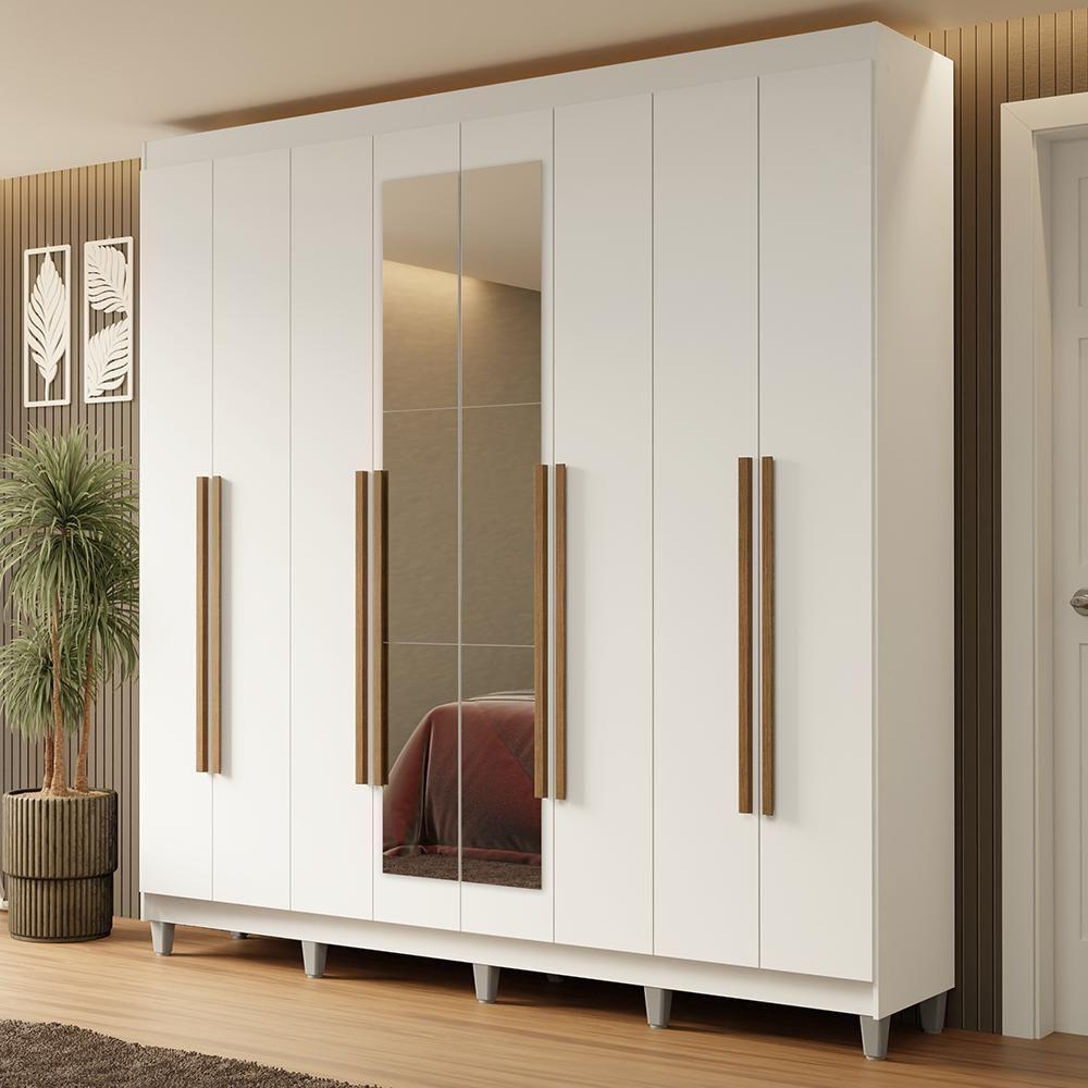 Guarda-roupa Casal Com Pés 8 Portas Batentes Com Espelho Branco-branco-rustic Netuno Madesa - 1
