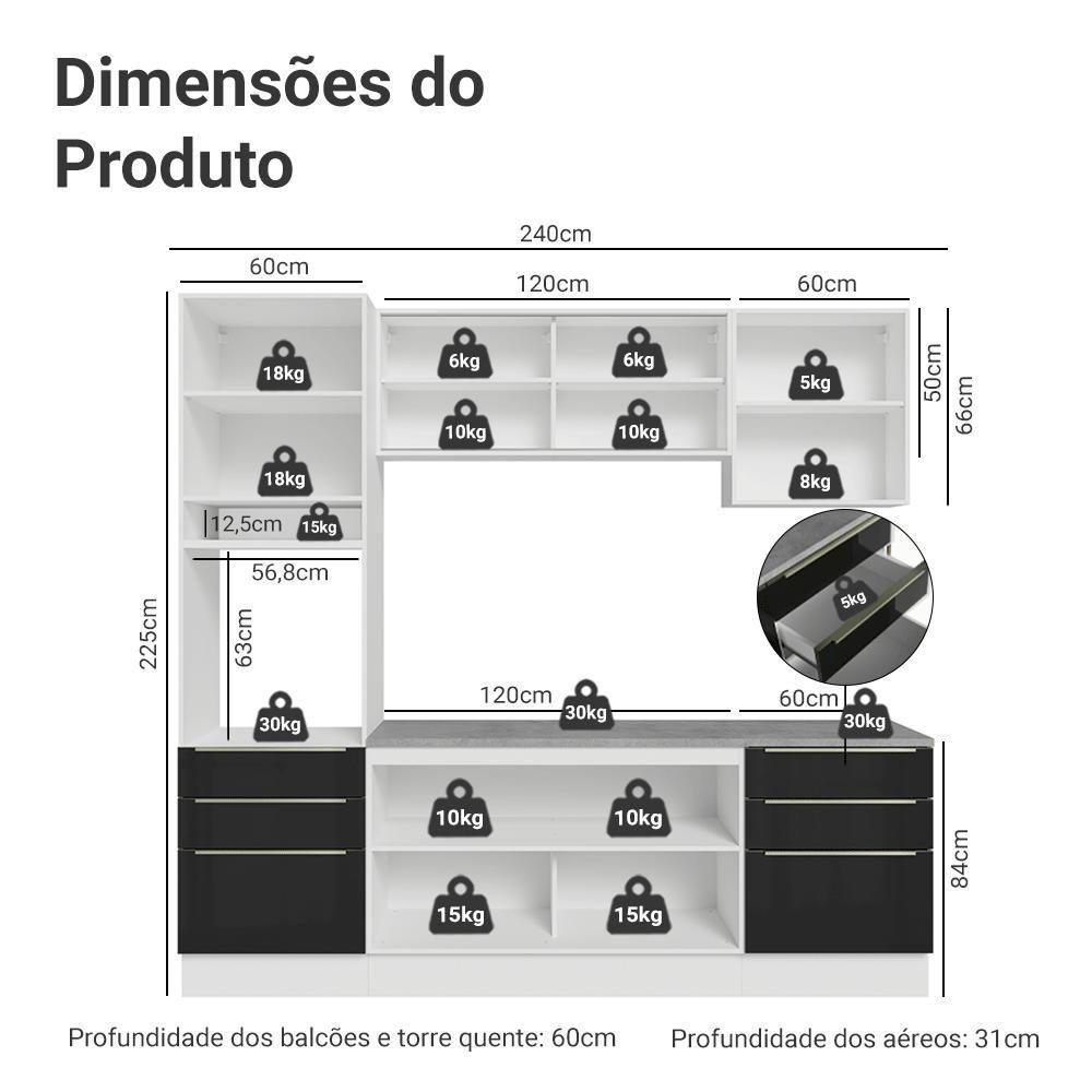 Armário De Cozinha Completa 240cm Branco/preto Lux Madesa 08 Branco/preto Branco/preto - 2