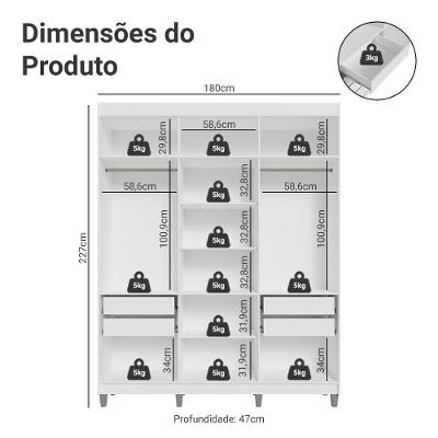 Guarda Roupa Casal Saturno 6 Portas Batentes 4 Gavetas Branco-preto-preto Madesa