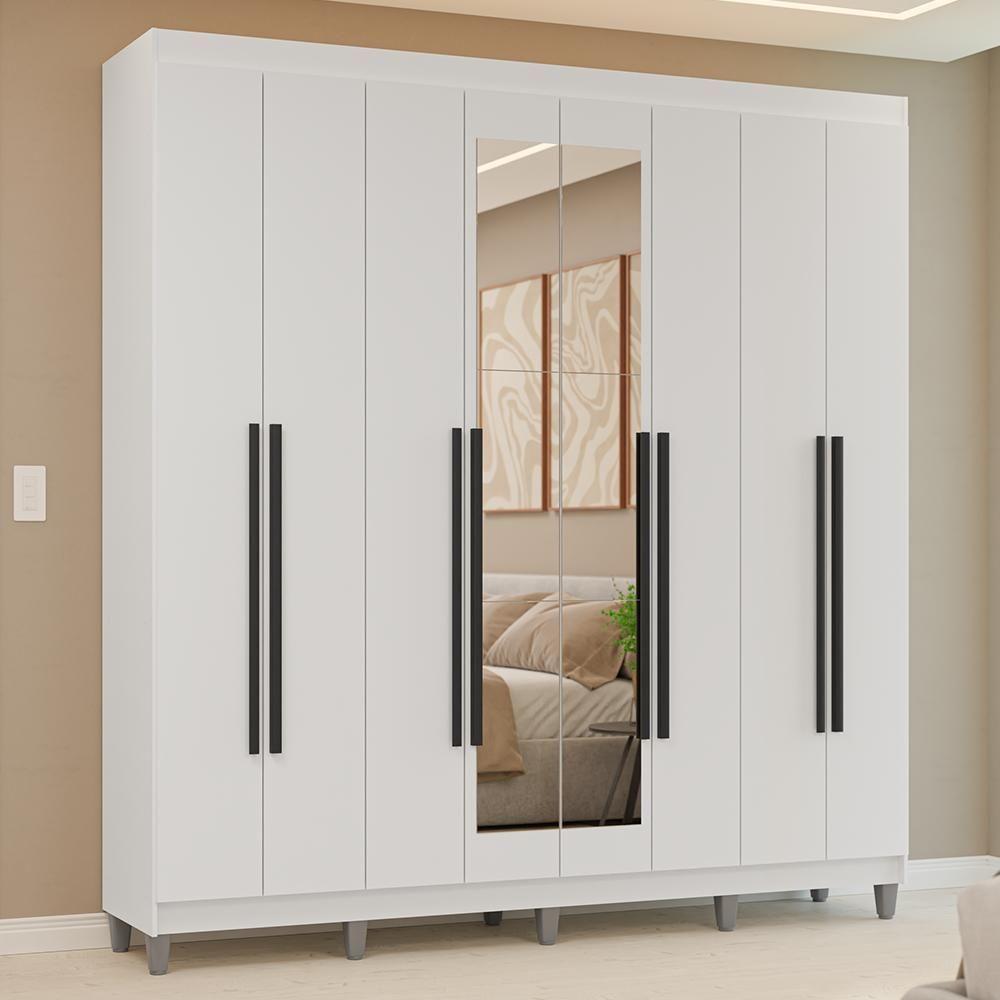 Guarda-roupa Casal Com Pés 8 Portas Batentes Com Espelho Branco-branco-preto Venus Madesa - 1