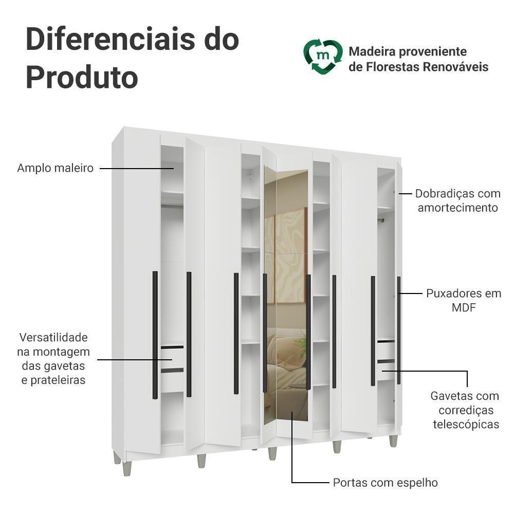 Guarda-roupa Casal Com Pés 8 Portas Batentes Com Espelho Branco-branco-preto Venus Madesa - 4