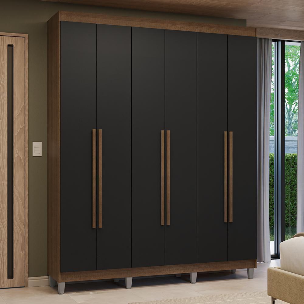 Guarda-roupa Casal Com Pés 6 Portas Batentes Rustic-preto-rustic Venus Madesa - 1
