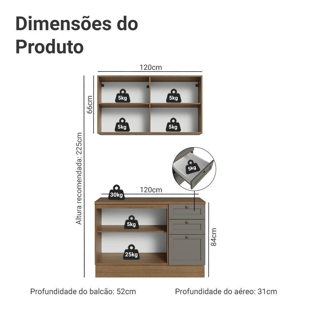 Armário De Cozinha Compacta 120 Cm Rustic/cinza Vik Madesa 01 Rustic/cinza - 3