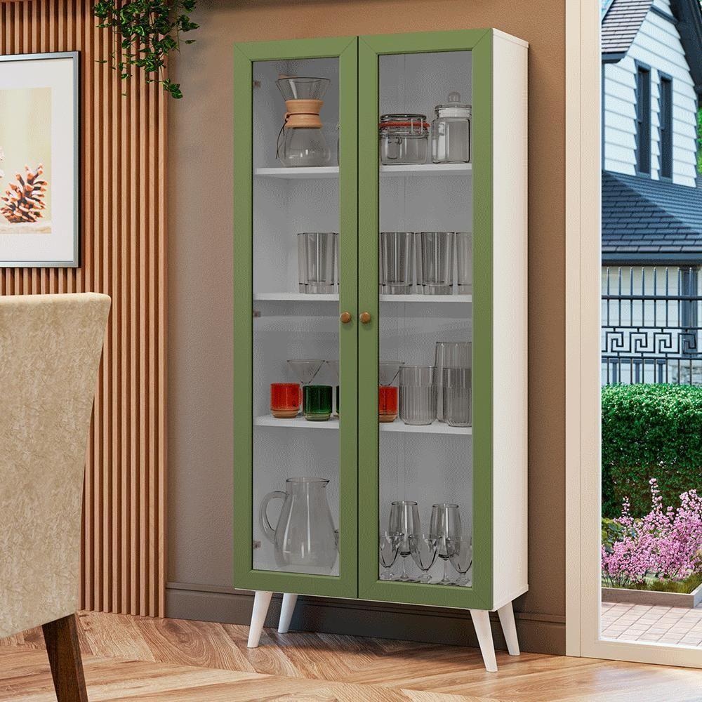 Cristaleira 70 Cm 2 Portas De Vidro Com Pés Cônicos Branco-verde-branco Vik Madesa - 1