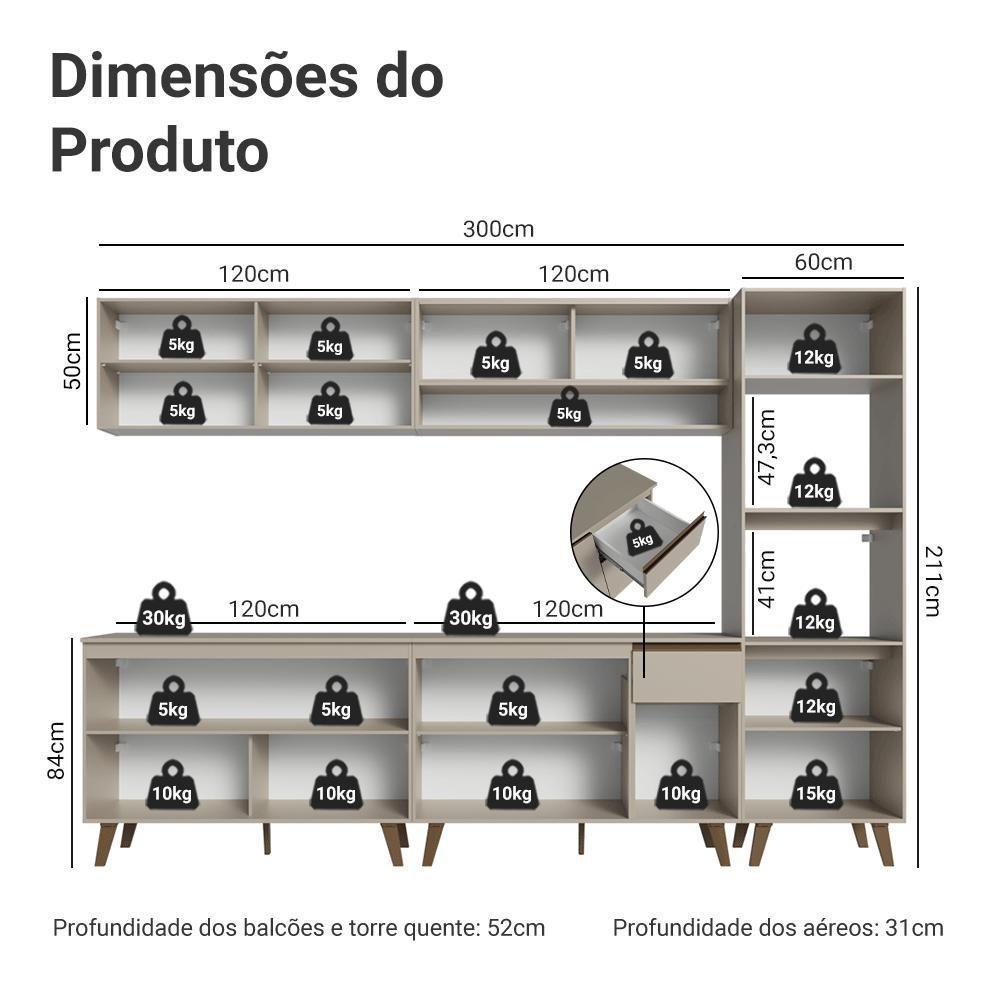 Armário De Cozinha Completa 300 Cm Nice Madesa 02 Crema - 3